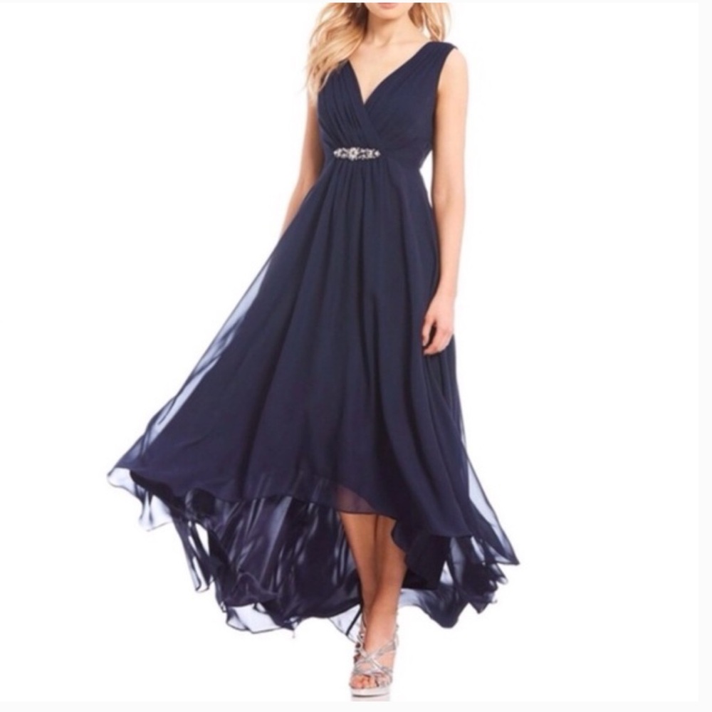 Eliza J Embellished High/Low Chiffon Dress Sleeveless Formal Gown in Navy Size 6